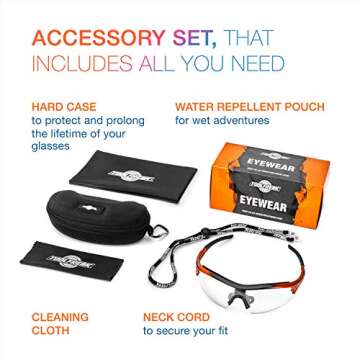 ToolFreak Reevo Safety Glasses Clear Polycarbonate Lens, UV and Impact Rating, Eye Protection, Rated to Ansi Z87+, Distortion Free, Hard Case,Pouch, Neck Cord and Cloth