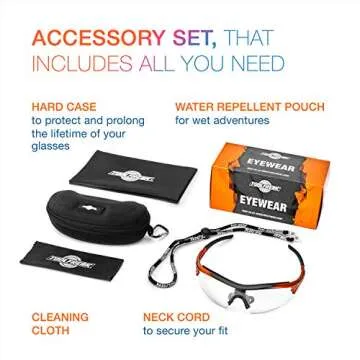 ToolFreak Reevo Safety Glasses Clear Polycarbonate Lens, UV and Impact Rating, Eye Protection, Rated to Ansi Z87+, Distortion Free, Hard Case,Pouch, Neck Cord and Cloth