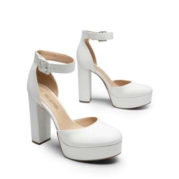 DREAM PAIRS Women's Platform High Chunky Heels Closed Toe Block Ankle Strap Dress Buckle Round Toe Wedding Party Comfortable Pumps Shoes,Size 8.5,White-PU,SDPU2419W