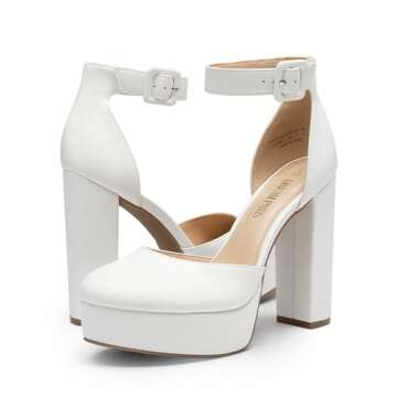 DREAM PAIRS Women's Platform High Chunky Heels Closed Toe Block Ankle Strap Dress Buckle Round Toe Wedding Party Comfortable Pumps Shoes,Size 8.5,White-PU,SDPU2419W