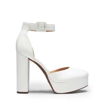 DREAM PAIRS Women's Platform High Chunky Heels Closed Toe Block Ankle Strap Dress Buckle Round Toe Wedding Party Comfortable Pumps Shoes,Size 8.5,White-PU,SDPU2419W