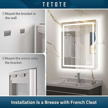 TETOTE 48x36 Inch LED Bathroom Mirror with Frontlit & Backlit Lighted Vanity Mirror Anti Fog Stepless Dimmable 3 Colors White/Warm/Natural,CRI90+ Double Lights,Wall-Mounted(Horizontal/Vertical)