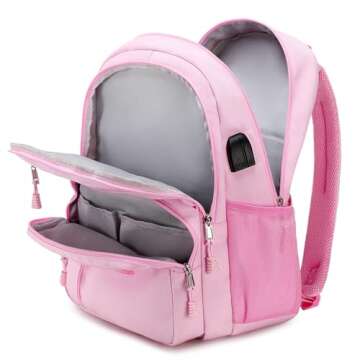 Sunborls Classic School Unisex Backpacks,Go Back to School Waterproof Travel Casual Bookbags,Multiple Compartment Large Capacity Backpacks with Charging and Headset Port,Pink