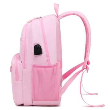 Sunborls Classic School Unisex Backpacks,Go Back to School Waterproof Travel Casual Bookbags,Multiple Compartment Large Capacity Backpacks with Charging and Headset Port,Pink