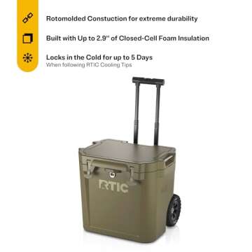 RTIC 45 QT Wheeled Ultra-Tough Cooler Hard Insulated Portable Ice Chest Box for Beach, Drink, Beverage, Camping, Picnic, Fishing, Boat, Barbecue, Rotomolded Construction, Olive