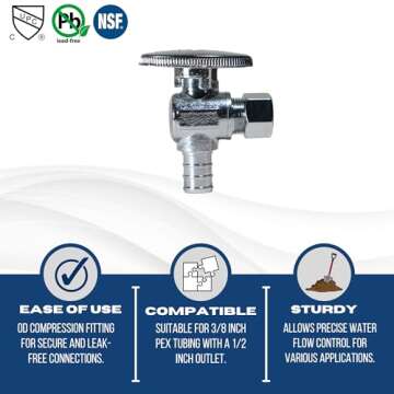 10 Piece XFITTING 1/2" Pex x 3/8" Od Compression 1/2 Turn Angle Stop Valve- Brass With Metal handle