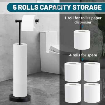 Toilet Paper Holder Stand, Toilet Paper Holder Free Standing with Stable Weighted Base, Rustproof Toilet Paper Stand Black, Large Capacity Free Standing Toilet Paper Roll Holder