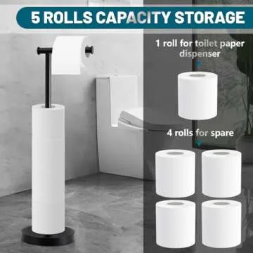 Toilet Paper Holder Stand, Toilet Paper Holder Free Standing with Stable Weighted Base, Rustproof Toilet Paper Stand Black, Large Capacity Free Standing Toilet Paper Roll Holder