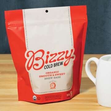 Bizzy Organic Cold Brew Coffee | Smooth & Sweet Blend | Coarse Ground Coffee | Medium Roast | Micro Sifted | Specialty Grade | 100% Arabica | Brew Bags | 4 Count | Makes 14 Cups