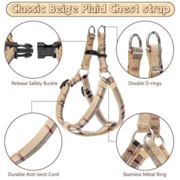 BINGPET Dog Harness Collar Leash Set,Adjustable No Pull Escape Proof Small Dog Harness,Classic Plaid Puppy Harness and Leash Set for Small Medium Large Dogs Training Easy Walk Running(Beige,S)