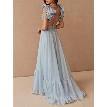 Lawrncedw Women's Chiffon Bridesmaid Dresses Ruffle Backless Prom Dresses V Neck A Line Formal Evening Party Gowns Red