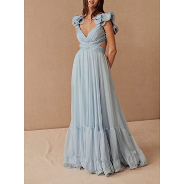 Lawrncedw Women's Chiffon Bridesmaid Dresses Ruffle Backless Prom Dresses V Neck A Line Formal Evening Party Gowns Red