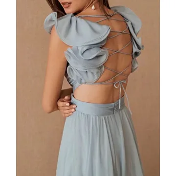 Lawrncedw Women's Chiffon Bridesmaid Dresses Ruffle Backless Prom Dresses V Neck A Line Formal Evening Party Gowns Red