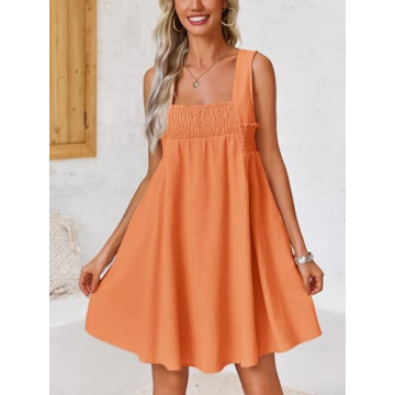 Fisoew Women 's Summer Casual Sleeveless Mini Dress Square Neck Smocked Swing Loose Babydoll Dress Orange