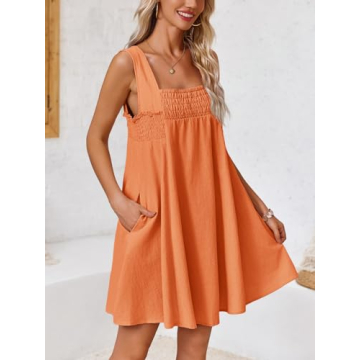 Fisoew Women 's Summer Casual Sleeveless Mini Dress Square Neck Smocked Swing Loose Babydoll Dress Orange