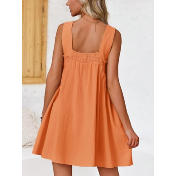 Fisoew Women 's Summer Casual Sleeveless Mini Dress Square Neck Smocked Swing Loose Babydoll Dress Orange