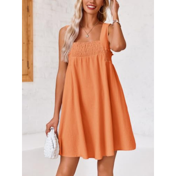 Fisoew Women 's Summer Casual Sleeveless Mini Dress Square Neck Smocked Swing Loose Babydoll Dress Orange