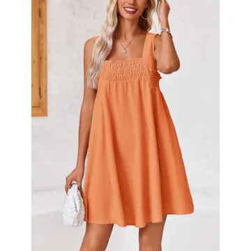 Fisoew Women 's Summer Casual Sleeveless Mini Dress Square Neck Smocked Swing Loose Babydoll Dress Orange