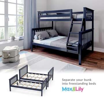 Max & Lily Bunk Bed Twin Over Full Size with Ladder, Solid Wood Platform Bed Frame with Ladder for Kids, 14" Safety Guardrails, Easy Assembly, No Box Spring Needed, Blue