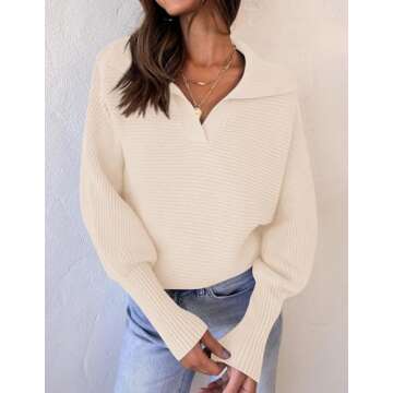 ZESICA Women's Fall Lapel Collar V Neck Long Sleeve Ribbed Knit Comfy Loose Casual Pullover Sweater Jumper Top,Beige,Large