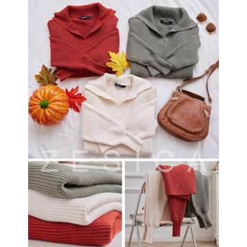 ZESICA Women's Fall Lapel Collar V Neck Long Sleeve Ribbed Knit Comfy Loose Casual Pullover Sweater Jumper Top,Beige,Large