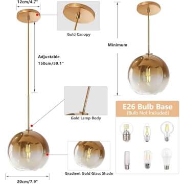 KCO Lighting Modern Gold Glass Pendant Lights Hanging Light Fixture Globe Shade Bedside Light 1-Ligh...