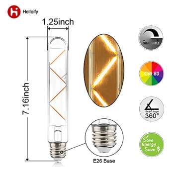 helloify T10 Dimmable Vintage LED Edison Tubular Bulb, 40W Equivalent, High Brightness, 2700K Warm White Light, Clear Glass, Tube Cover Light, E26 Screw Base, 4PCS