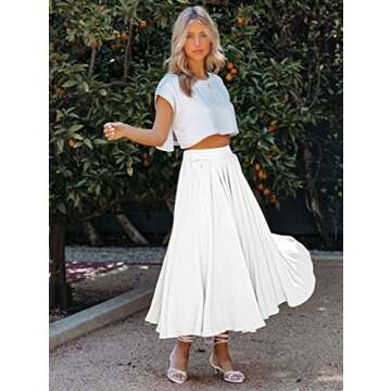 YMDUCH Women's Summer Elastic Waist Maxi Skirts Boho A-Line Flowy Long Skirts with Pockets White