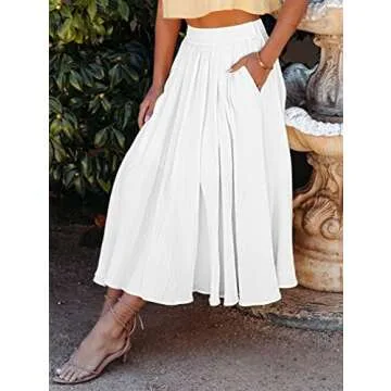 YMDUCH Women's Summer Elastic Waist Maxi Skirts Boho A-Line Flowy Long Skirts with Pockets White