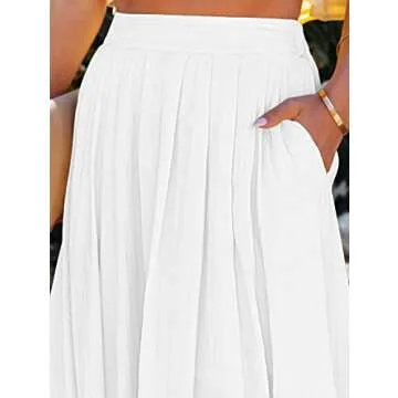 YMDUCH Women's Summer Elastic Waist Maxi Skirts Boho A-Line Flowy Long Skirts with Pockets White