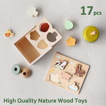 PairPear Educational Toys Set 3 in 1 - Wooden Toys Shape Sorter Cubes - Activity Stacking Toys - Animal Todder Puzzles - Classic Learning Toys Gift for Baby 1 Year Old and Up.