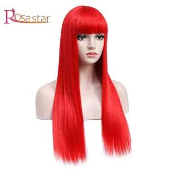 Long Straight Red Wig With Bangs 26 Inches Glueless Heat Resistant Synthetic Red Hair Wig for Women Daily Wear Dating Halloween Comic-con Costume Anime Cosplay Party