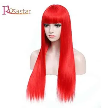 Long Straight Red Wig With Bangs 26 Inches Glueless Heat Resistant Synthetic Red Hair Wig for Women Daily Wear Dating Halloween Comic-con Costume Anime Cosplay Party