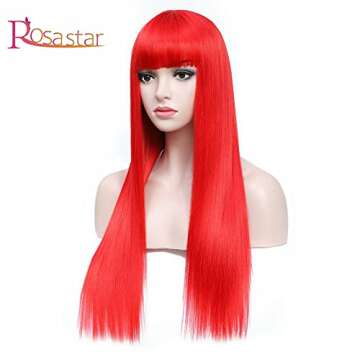 Long Straight Red Wig With Bangs 26 Inches Glueless Heat Resistant Synthetic Red Hair Wig for Women Daily Wear Dating Halloween Comic-con Costume Anime Cosplay Party