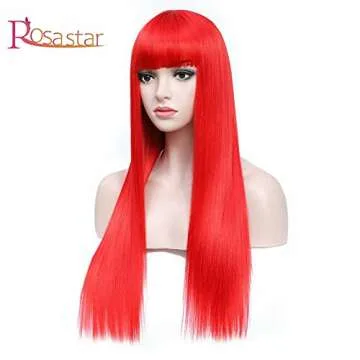 Long Straight Red Wig With Bangs 26 Inches Glueless Heat Resistant Synthetic Red Hair Wig for Women Daily Wear Dating Halloween Comic-con Costume Anime Cosplay Party