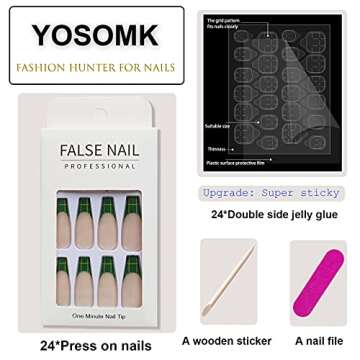 YOSOMK Green French Tip Press On Nails Long with Grid Designs Glossy Coffin Fake Nails Press on Stic...