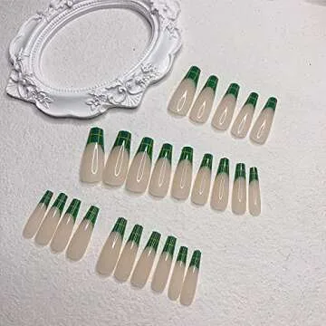 YOSOMK Elegant Green French Tip Press On Nails for All