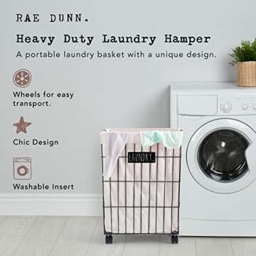 Rae Dunn Heavy Duty Laundry Hamper on Wheels - Lined Basket with Removable Cloth Liner - By Designstyles