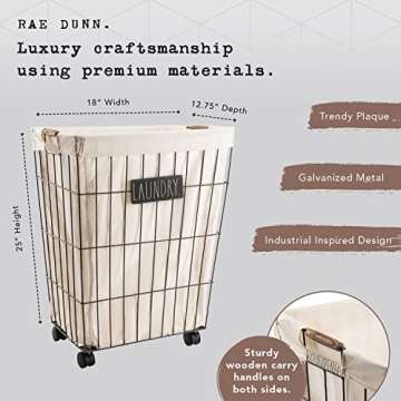 Rae Dunn Heavy Duty Laundry Hamper on Wheels - Lined Basket with Removable Cloth Liner - By Designstyles