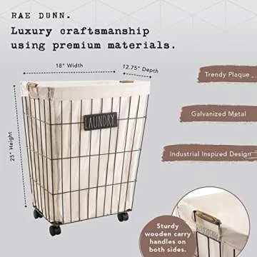 Rae Dunn Heavy Duty Laundry Hamper on Wheels - Lined Basket with Removable Cloth Liner - By Designstyles