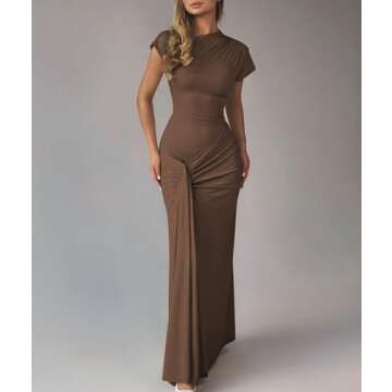 Mojessy Women Bodycon Maxi Dress Sexy Mock Neck Lace Up Bandage Ruched Short Sleeve Long Dress Cocktail Dress Brown