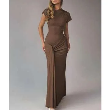 Mojessy Women Bodycon Maxi Dress Sexy Mock Neck Lace Up Bandage Ruched Short Sleeve Long Dress Cocktail Dress Brown