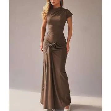 Mojessy Women Bodycon Maxi Dress Sexy Mock Neck Lace Up Bandage Ruched Short Sleeve Long Dress Cocktail Dress Brown
