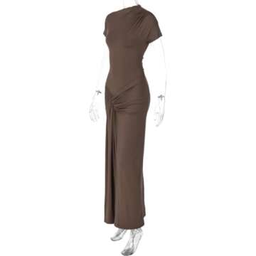 Mojessy Women Bodycon Maxi Dress Sexy Mock Neck Lace Up Bandage Ruched Short Sleeve Long Dress Cocktail Dress Brown