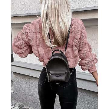 PRETTYGARDEN Women's 2024 Fall Sweaters Casual Crew Neck Pullover Long Puff Sleeve Loose Plain Chunky Knit Cute Blouse Tops (Pink,Small)