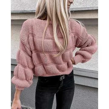 PRETTYGARDEN Women's 2024 Fall Sweaters Casual Crew Neck Pullover Long Puff Sleeve Loose Plain Chunky Knit Cute Blouse Tops (Pink,Small)
