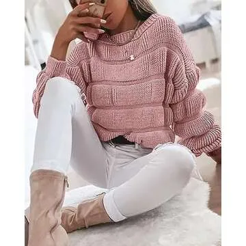 PRETTYGARDEN Women's 2024 Fall Sweaters Casual Crew Neck Pullover Long Puff Sleeve Loose Plain Chunky Knit Cute Blouse Tops (Pink,Small)