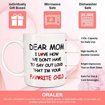 ORALER Mothers Day Gifts for Mom,Festival Birthday Gag Gift for Greatest Mom,Funny Coffee Mug Mom Gifts with Sayings from Her Favorite Child,11 OZ Tea Mugs&Coffee Cup Gifts for Her Women