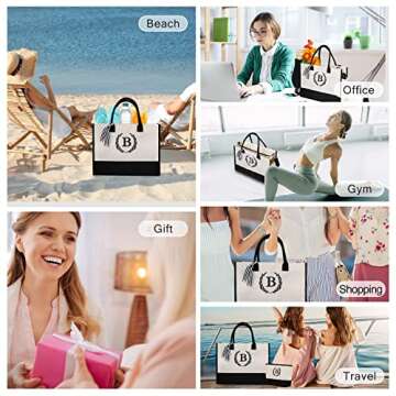 Canvas Tote Bag for Women, Personalized Monogrammed Birthday Gifts for Women, Beach Tote Bag with Zipper, Teacher Tote Bag with Pockets, Bolsos de Mujer with Exquisite Initials Embroidery Pattern (K)