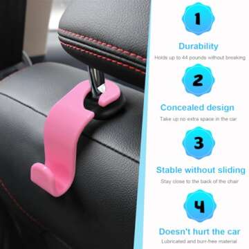 Ziciner Car Seat Headrest Hooks, 4 Pack Auto Durable Backseat Hangers Storage Organizer, Universal Vehicle Interior Holder Accessories for Purse, Grocery Bags, Handbag, Cloths ect (Pink)
